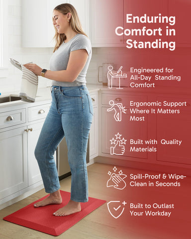 Ophanie red waterproof kitchen mat protects floors from spills.