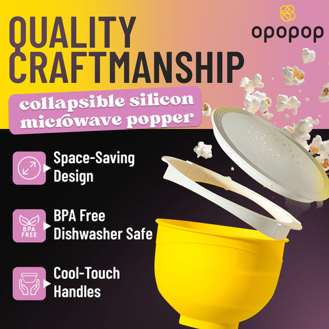 OPOPOP microwave popcorn bowl with removable handle ring stays cool to touch.