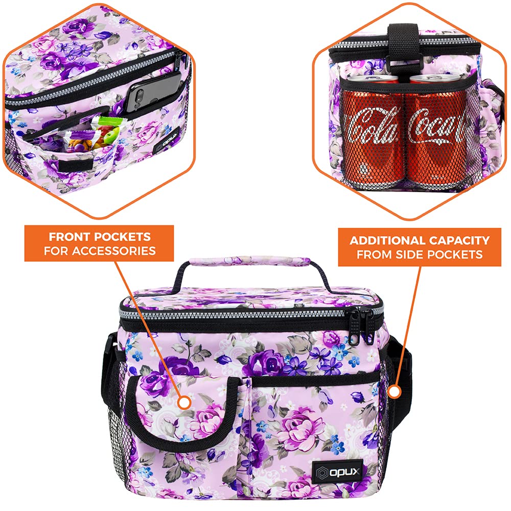 OPUX floral lunch bag front pocket accommodates utensils and napkins