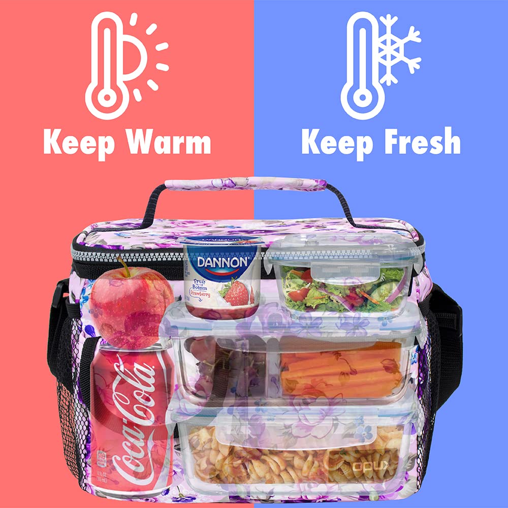 OPUX floral lunch bag interior view shows roomy 14-can capacity