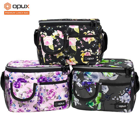 OPUX floral lunch bag in use at office or school setting