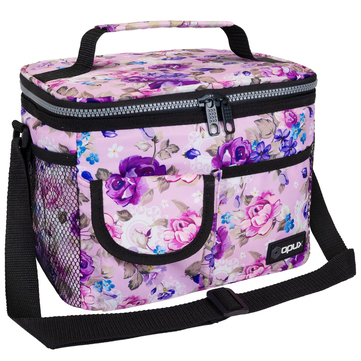 OPUX floral lunch bag outside view in purple for daily work or school, keeps meals fresh