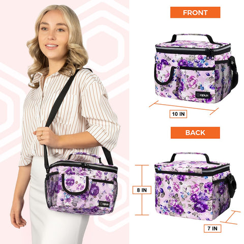 OPUX floral lunch bag side bottle holder demonstrates added convenience