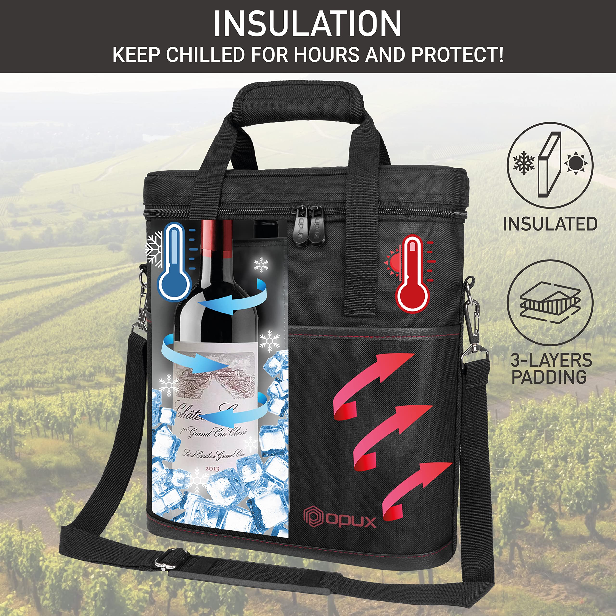OPUX insulated-leakproof-wine-cooler keeps bottles at the optimal temp.