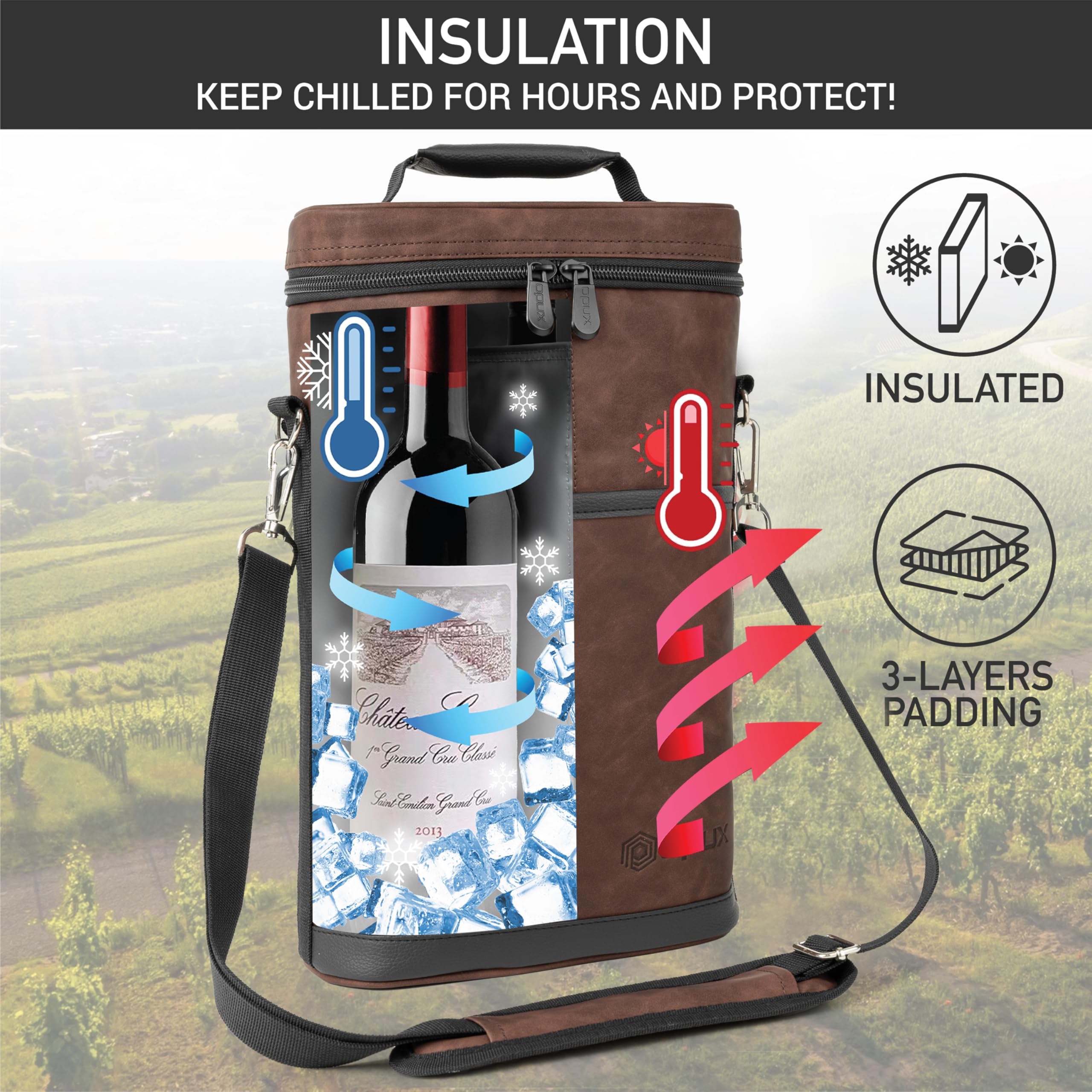 OPUX insulated leakproof wine cooler highlights three-layer insulation for lasting temperature control.