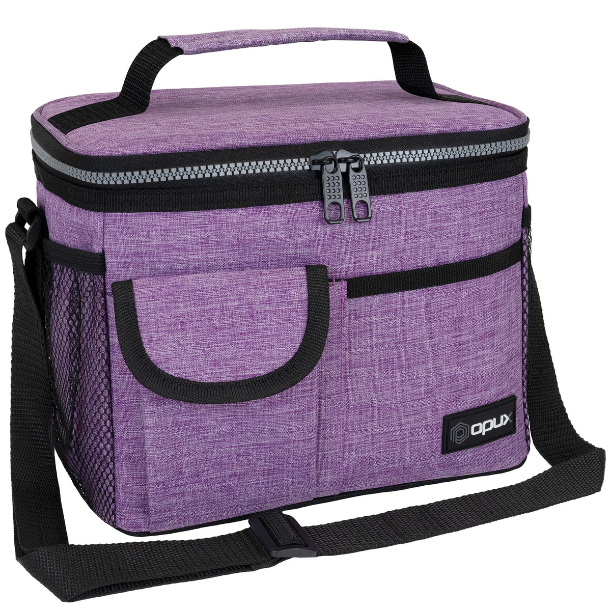 OPUX insulated lunch bag purple front view highlighting leakproof design for work lunches