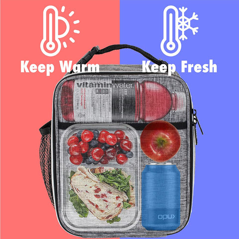 Opux lunch bag shows side water bottle pocket for drinks within reach