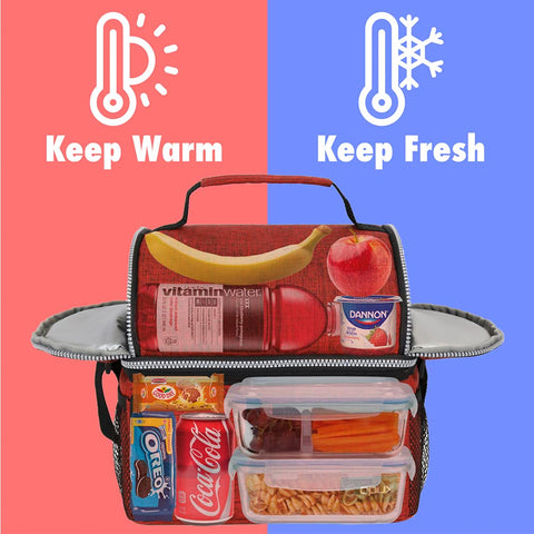 Opux two-compartment lunch bag separates hot and cold foods for freshness.