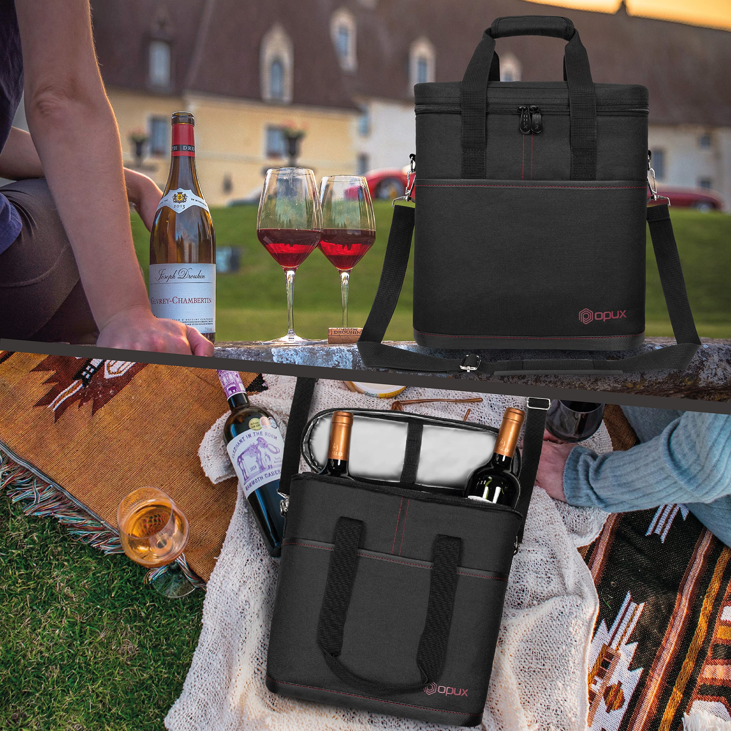 OPUX PU-leather-trim-wine-carrier adds a sophisticated touch to travel.