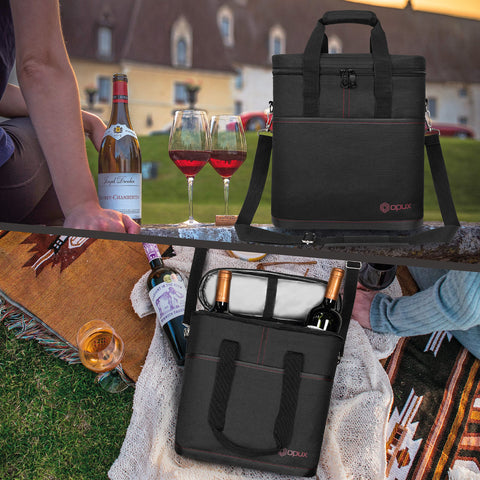 OPUX PU-leather-trim-wine-carrier adds a sophisticated touch to travel.