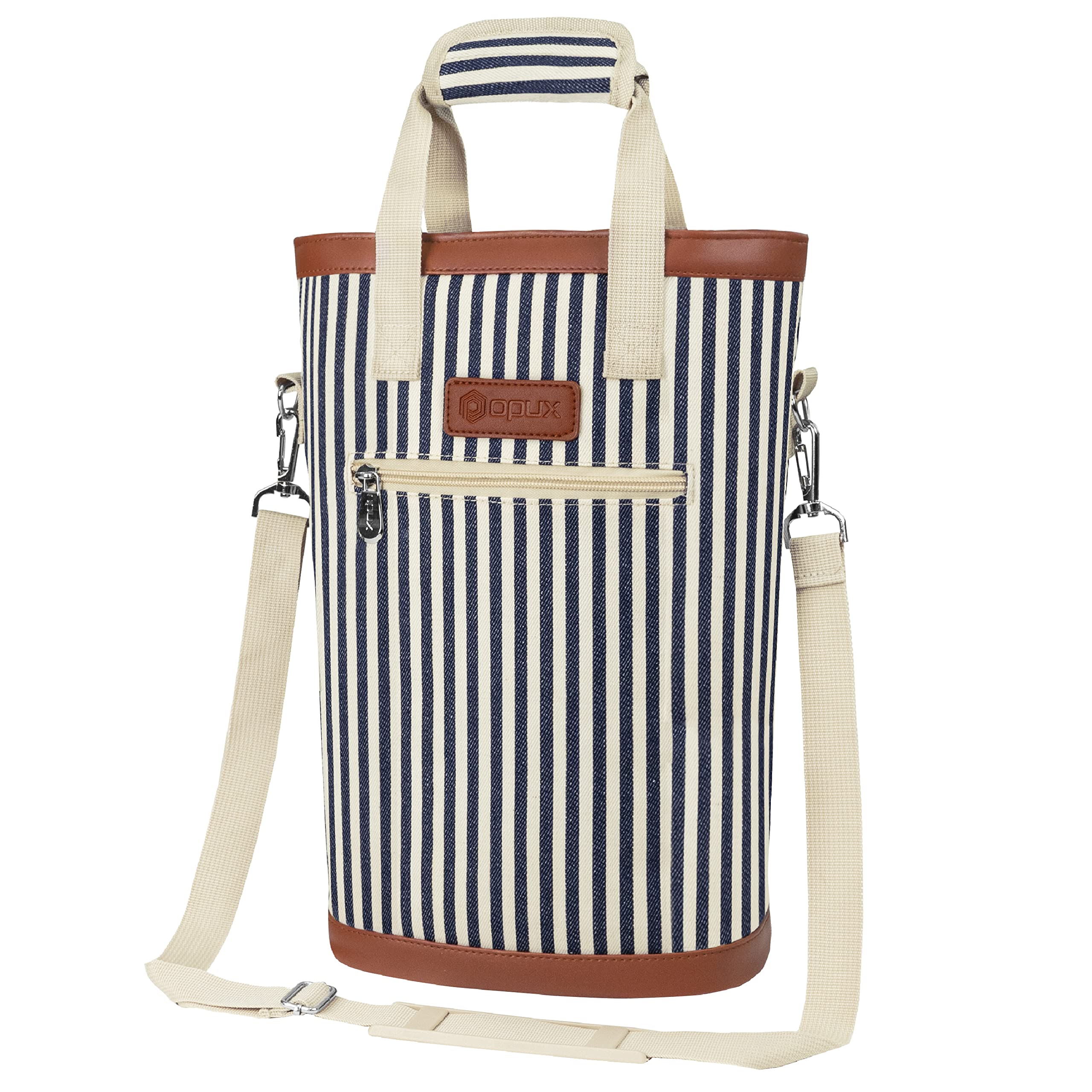 OPUX two-bottle wine tote in navy stripes for travel and picnics, protects and chills.