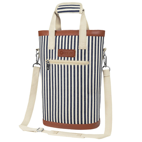 OPUX two-bottle wine tote in navy stripes for travel and picnics, protects and chills.