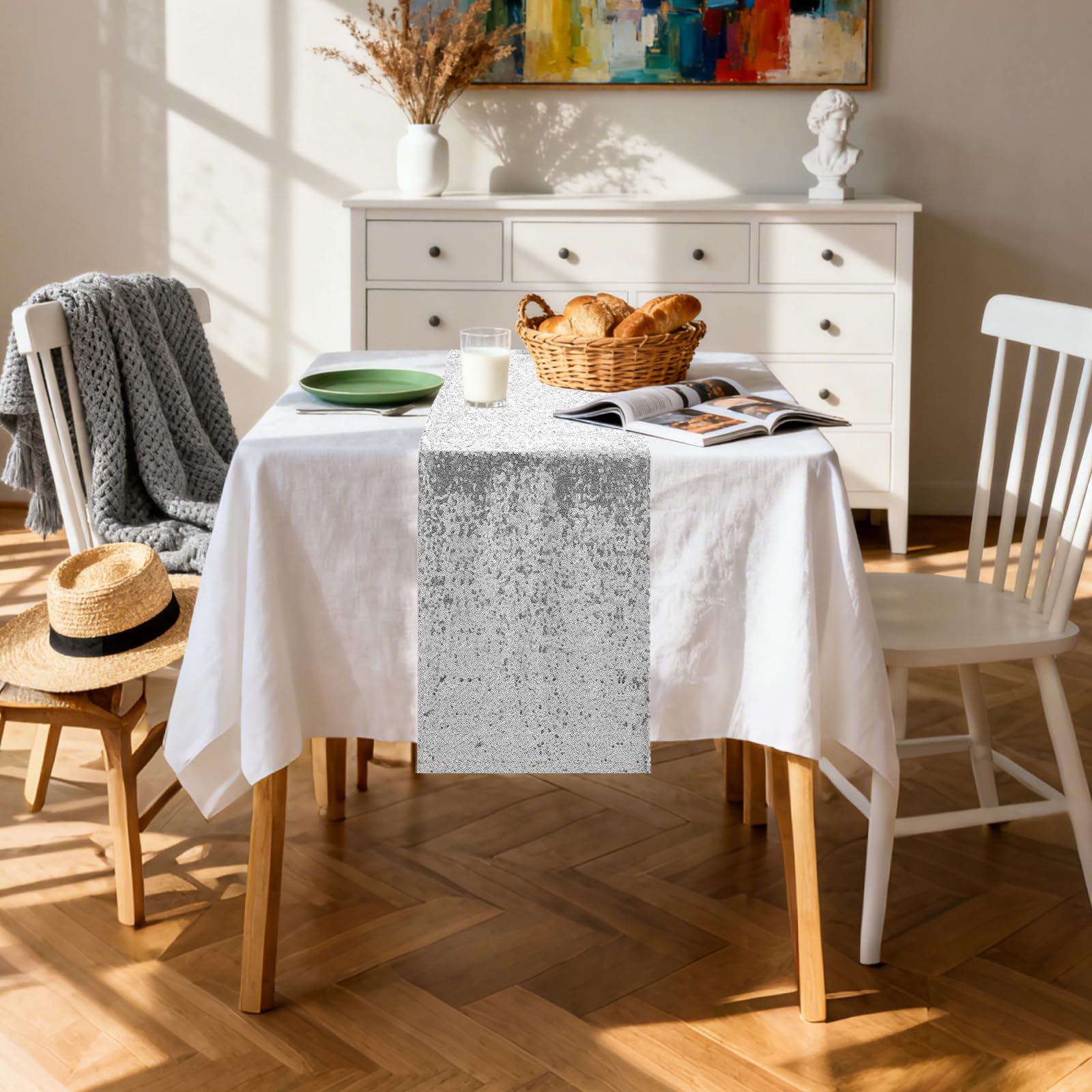 OQSC sequin table runner enhances holiday tables with shimmering shine.