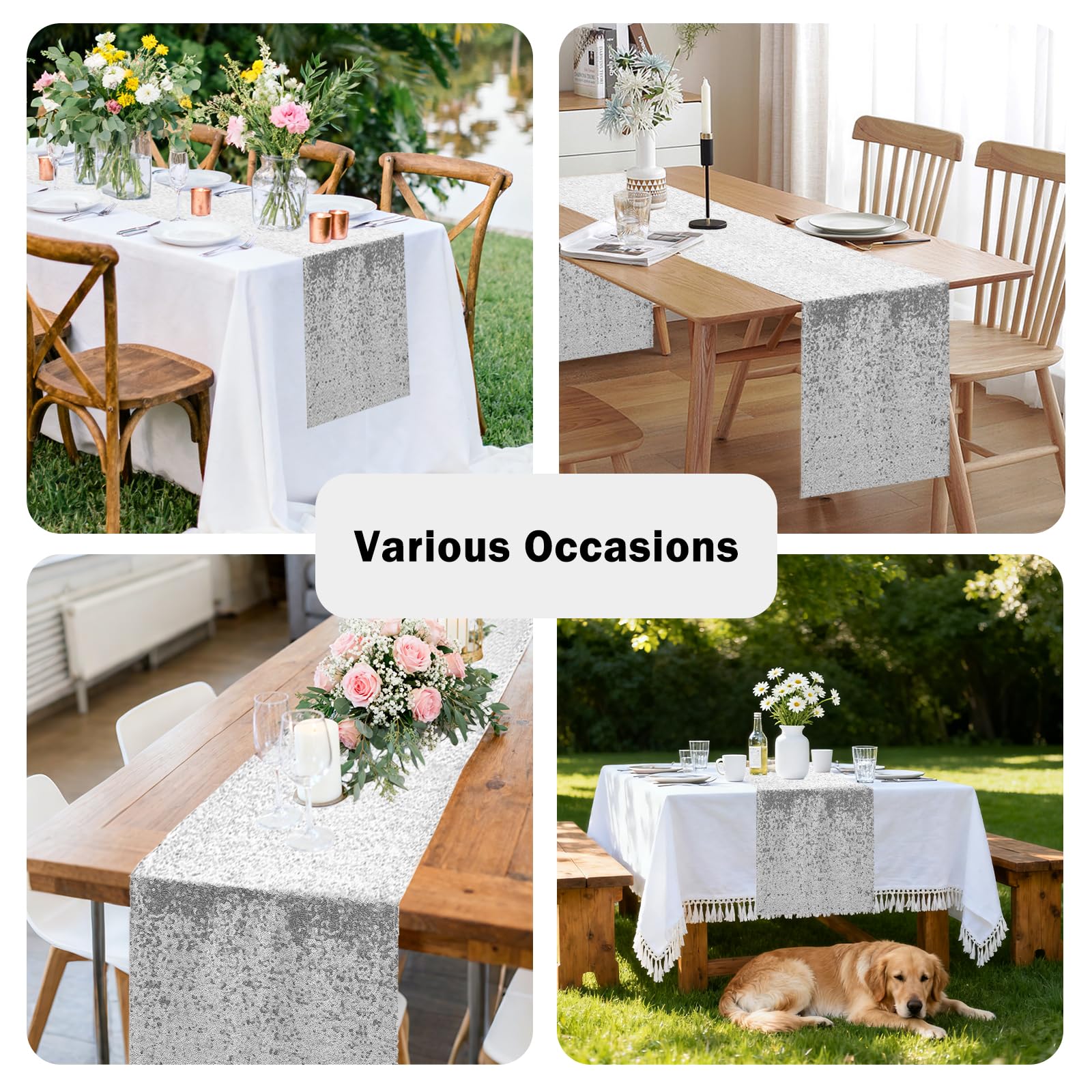 OQSC sequin table runner edge-finished design resists fraying during use.