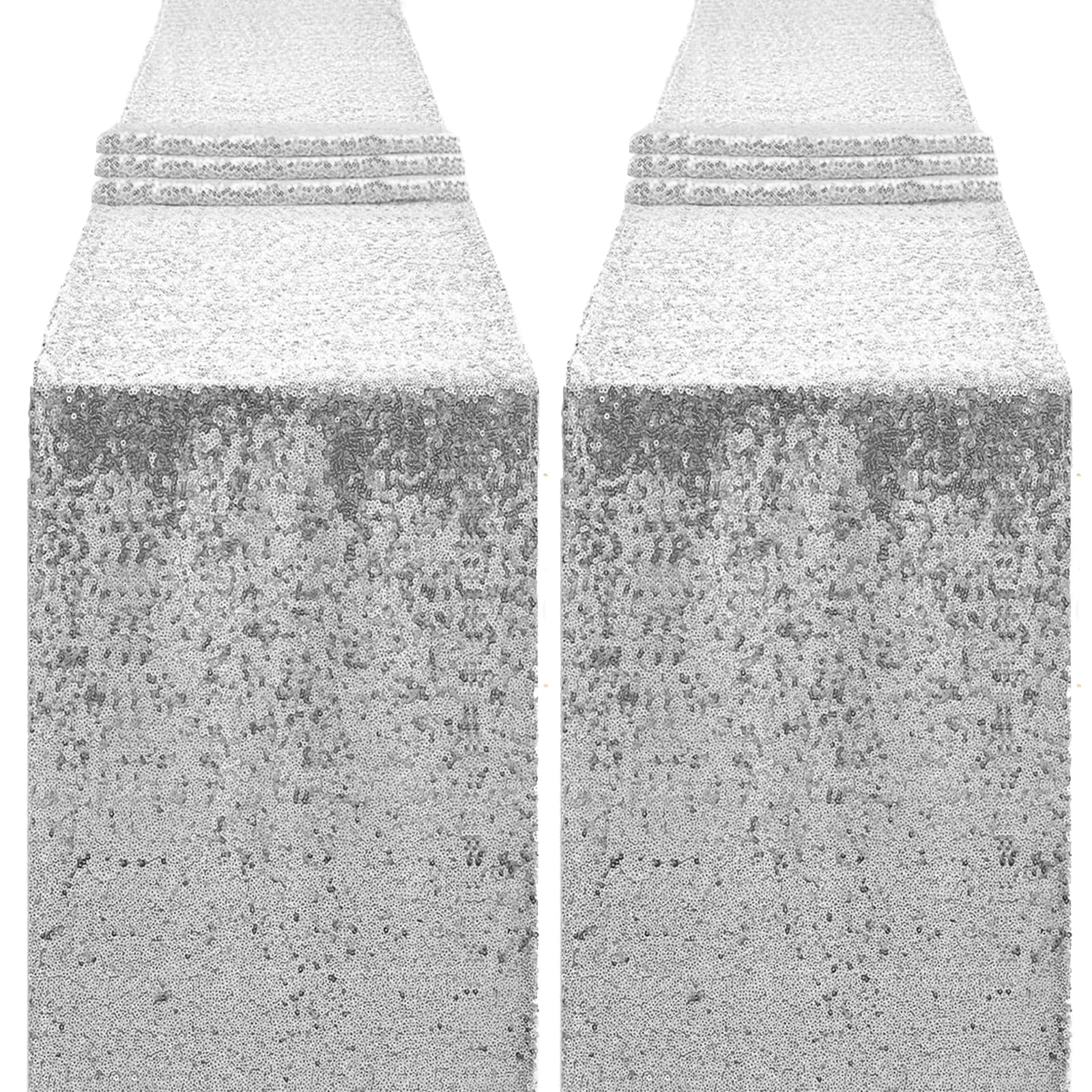 OQSC sequin table runner 72-inch product shot with shimmering silver finish for events.