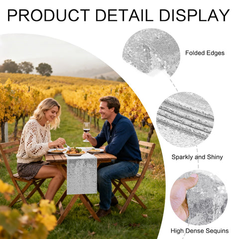 OQSC sequin table runner on wedding decor setup adds festive sparkle.