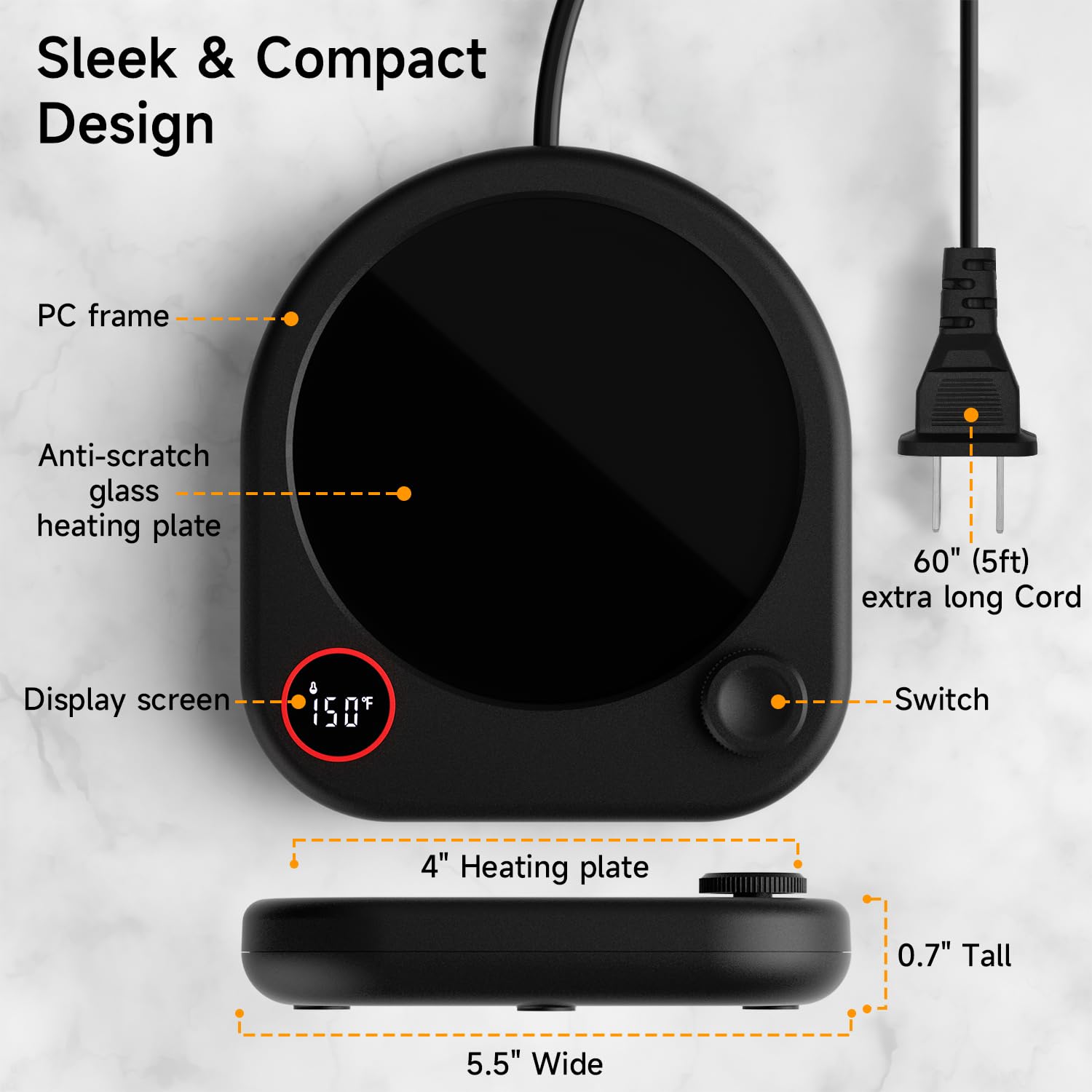 Oracer mug warmer with 5-foot cord offers flexible desk setup.