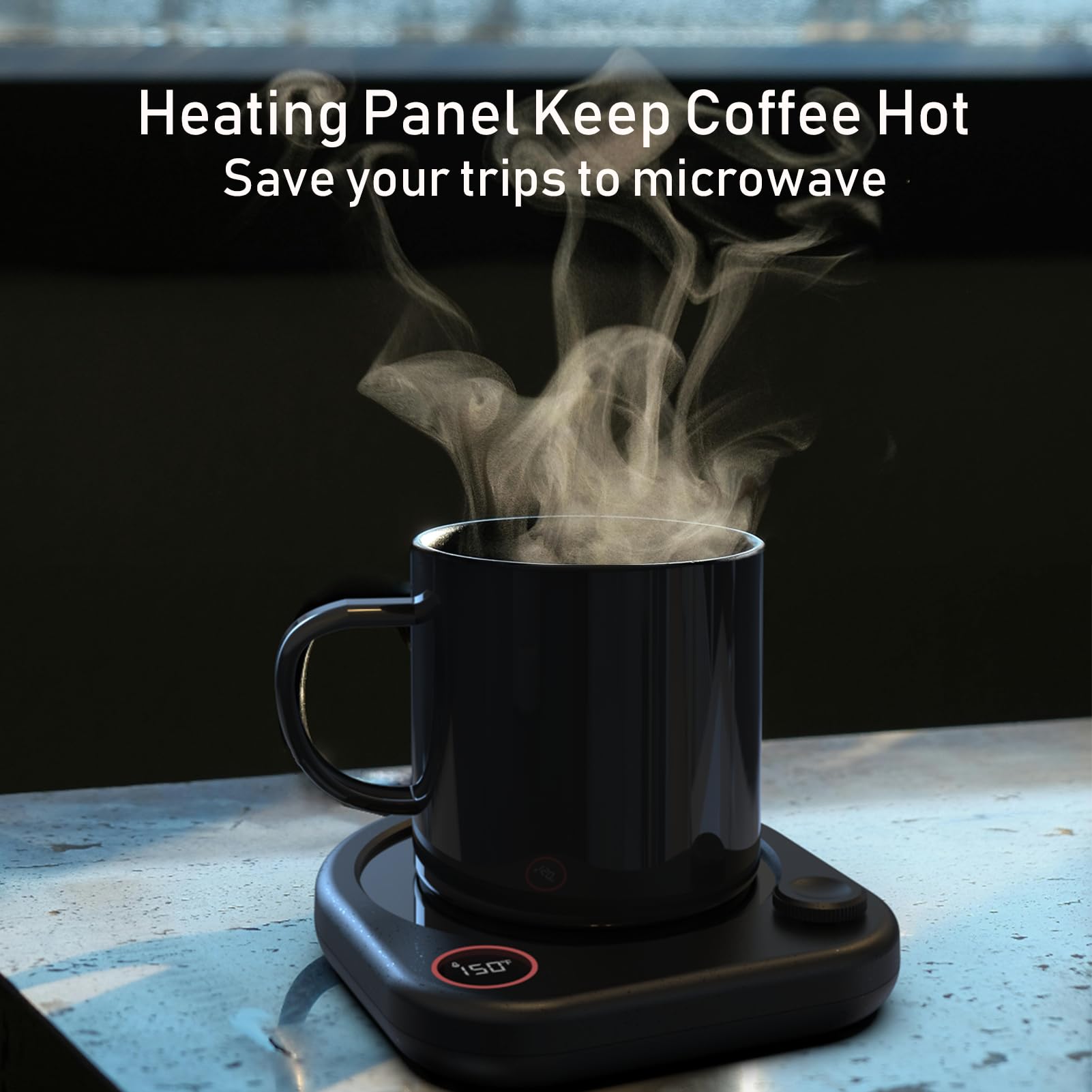 Oracer mug warmer shows auto shut-off indicator with breathing light.