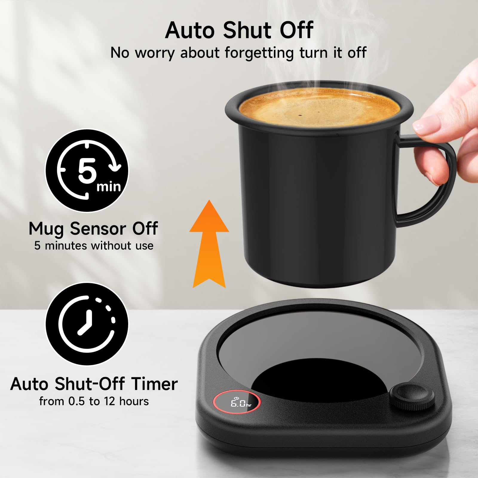 Oracer mug warmer temperature knob enables precise heat control.