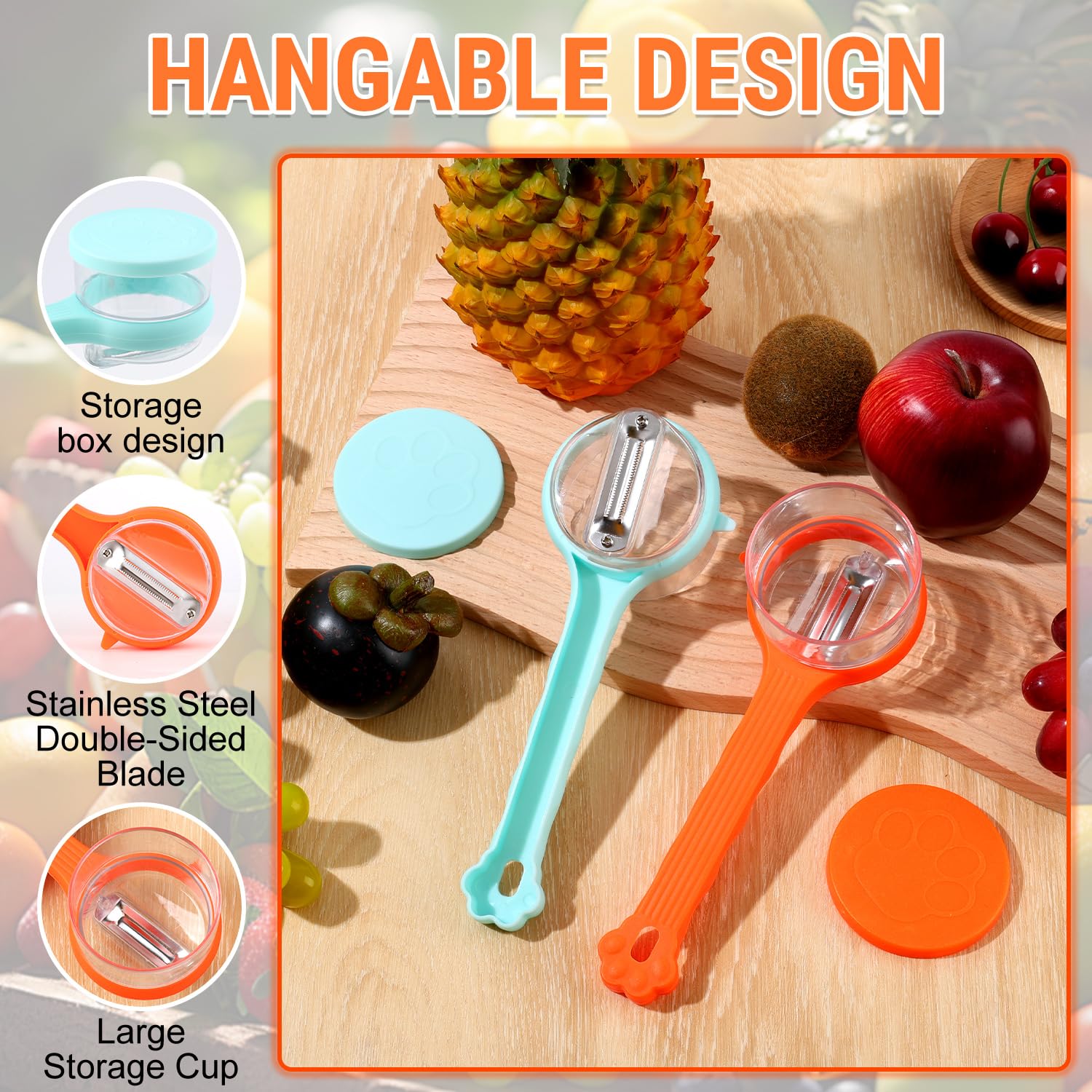 Orange-handle peeler with built-in catcher for mess-free prep