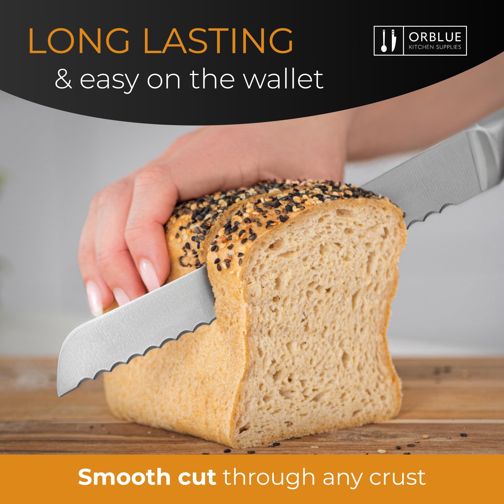 Orblue ergonomic 5-inch handle aids comfortable, precise bread slicing.