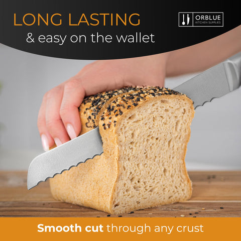 Orblue ergonomic 5-inch handle aids comfortable, precise bread slicing.