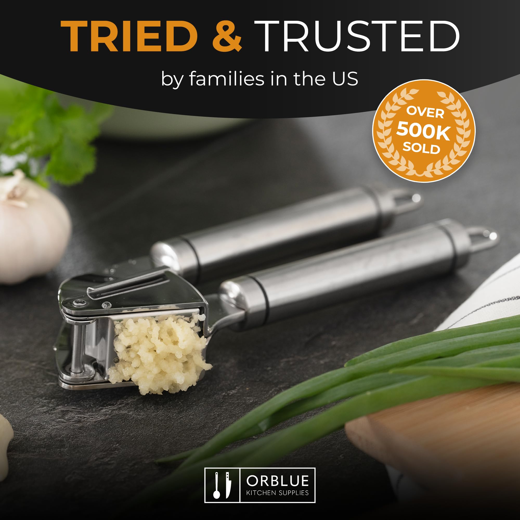 Orblue garlic press multi-colored handles add lively kitchen look