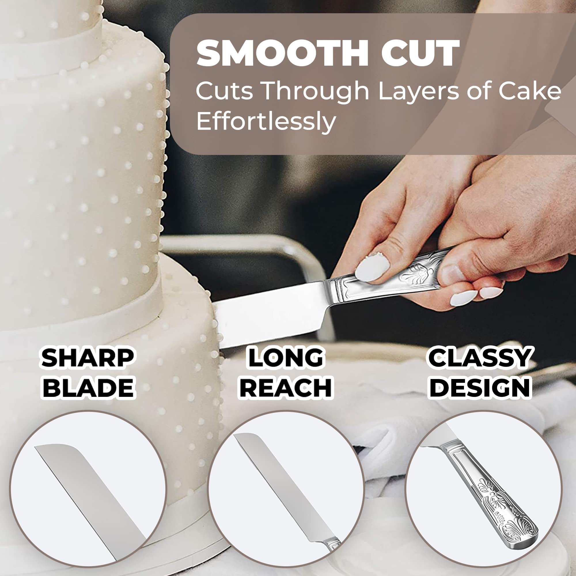 Orblue knife blade delivers a sharp edge for effortless cake slicing.