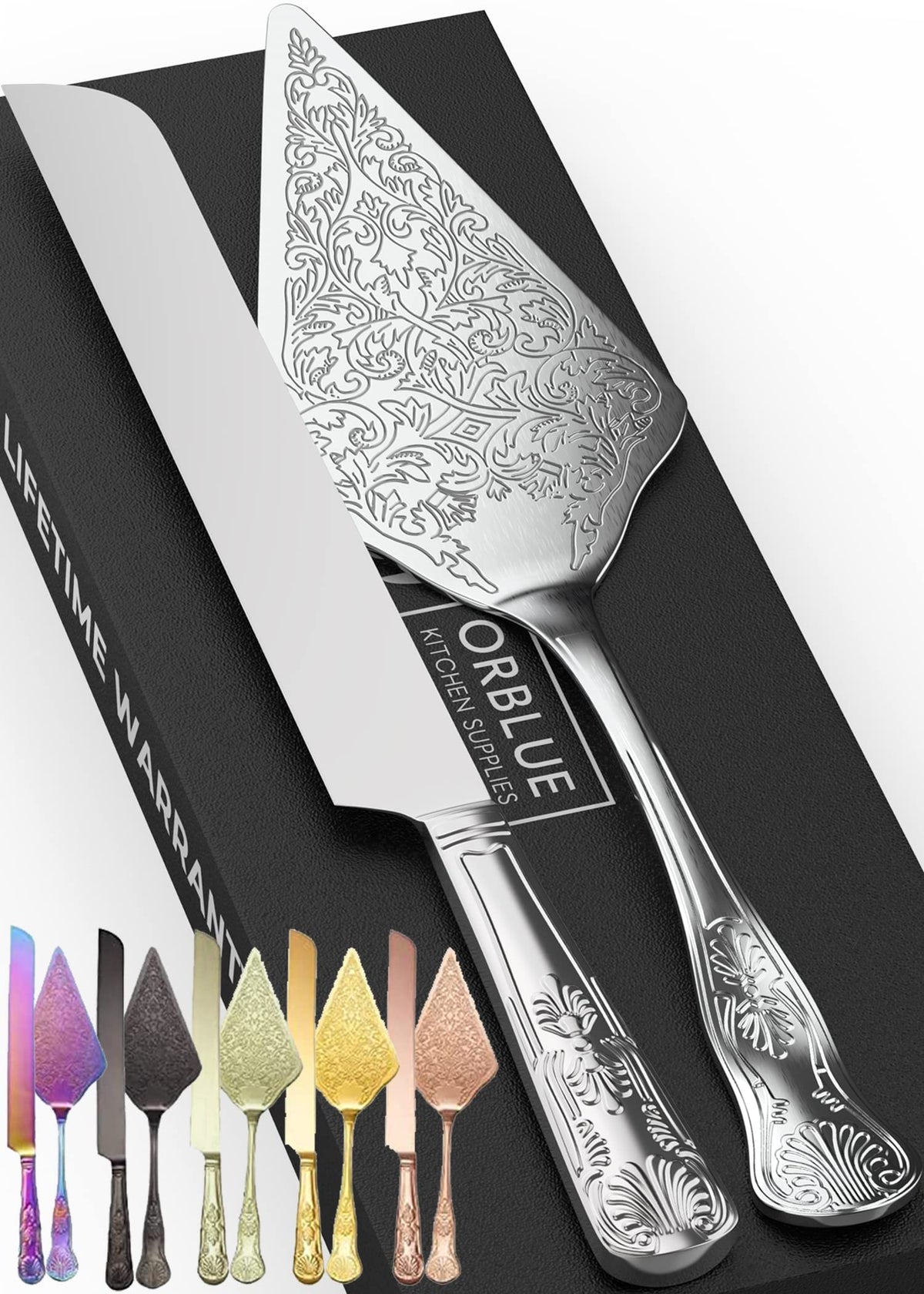 Orblue wedding cake knife with engraved detailing for clean, precise cuts.