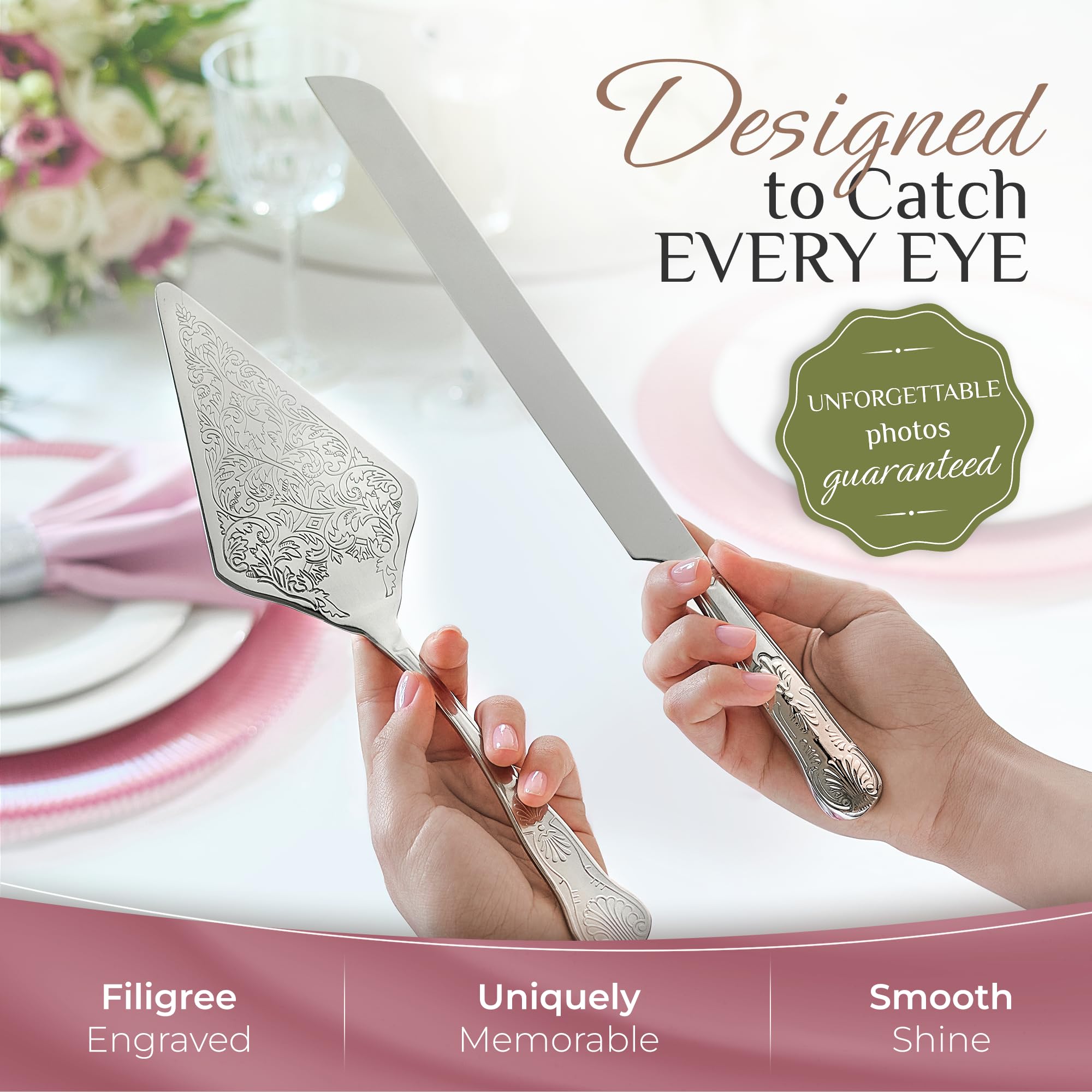 Orblue wedding cake server with engraved detailing for elegant cake service.