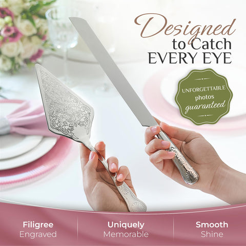 Orblue wedding cake server with engraved detailing for elegant cake service.