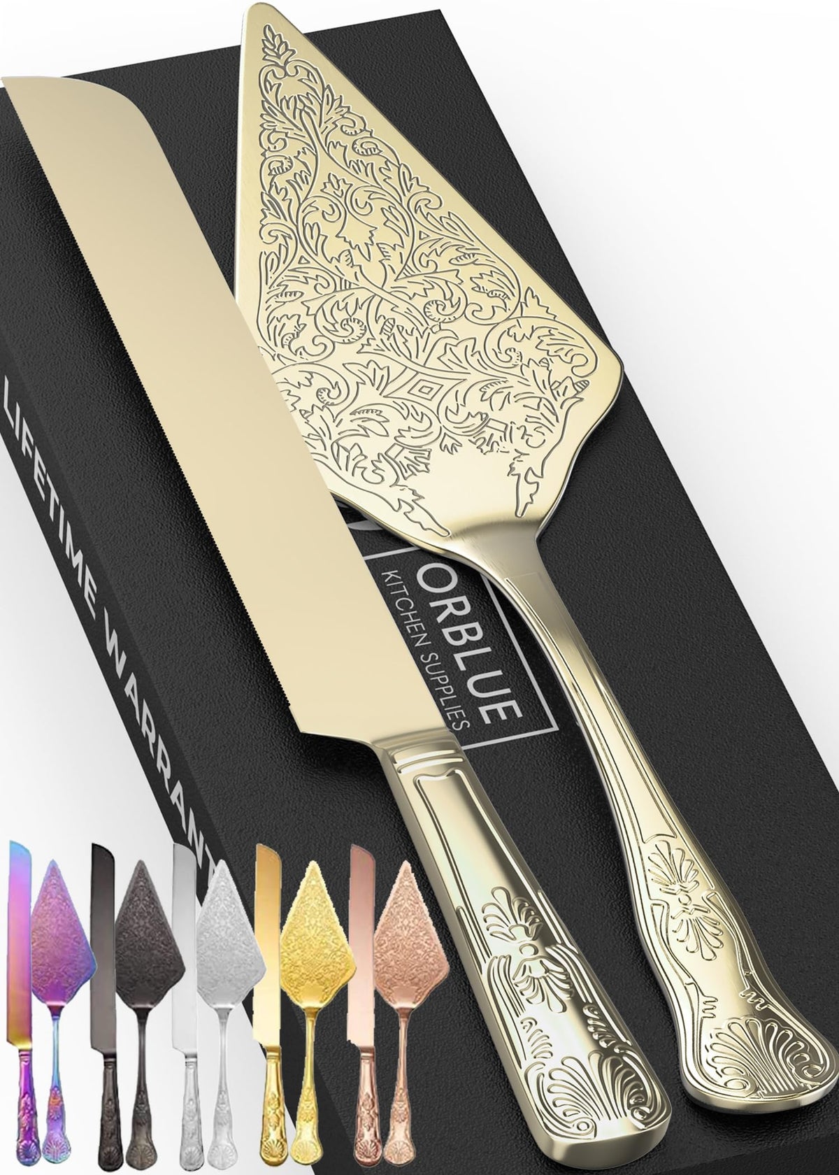 Orblue wedding knife and server with light gold engraving for elegant cake cutting