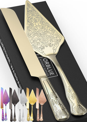 Orblue wedding knife and server with light gold engraving for elegant cake cutting