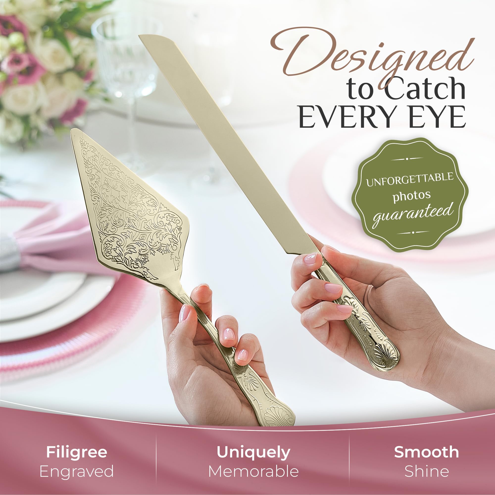 Orblue cake server and knife showcasing etched filigree on a shimmering finish