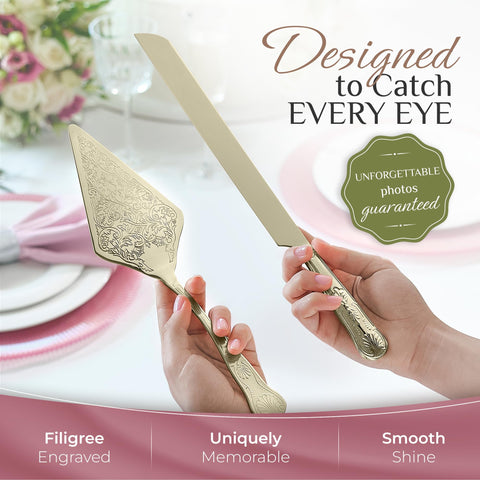 Orblue cake server and knife showcasing etched filigree on a shimmering finish