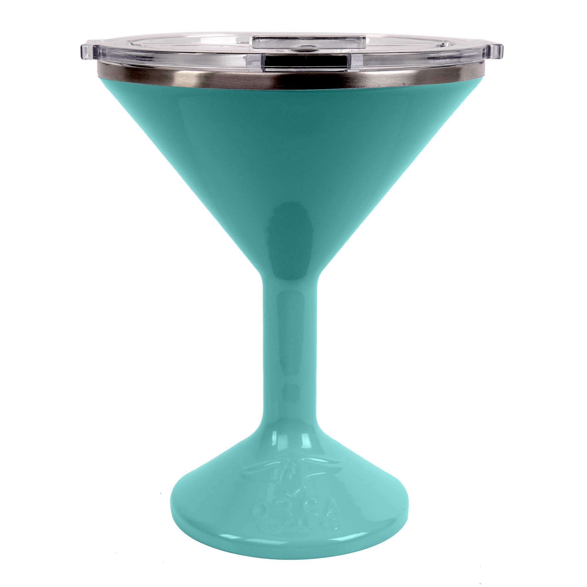 ORCA Tini 13oz seafoam stainless martini glass on table keeps drinks cool outdoors
