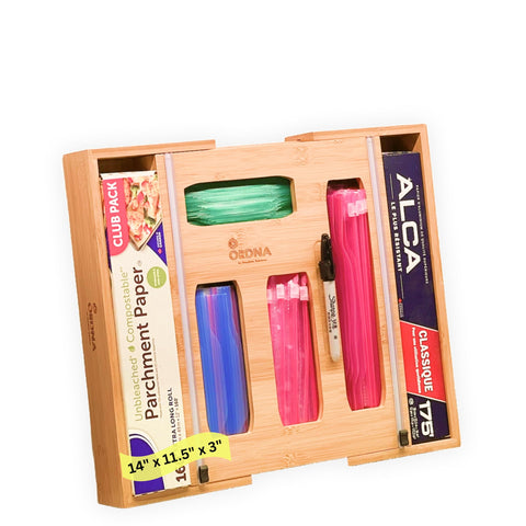 Ordna 6-in-1 bamboo baggie organizer in a drawer improves kitchen organization and access.