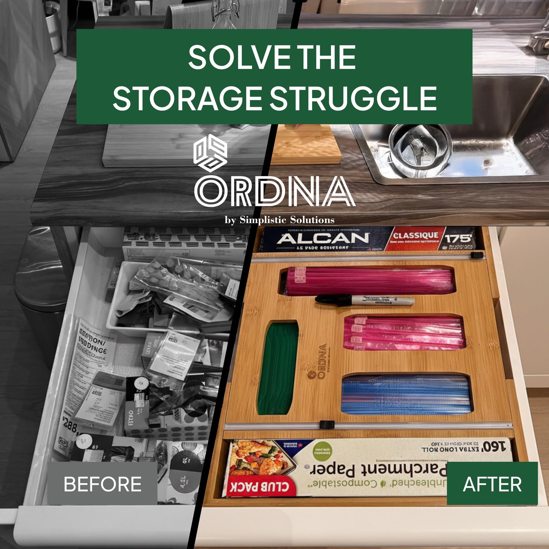 Ordna broad compatibility supports snack, sandwich, quart, gallon bags for daily prep.