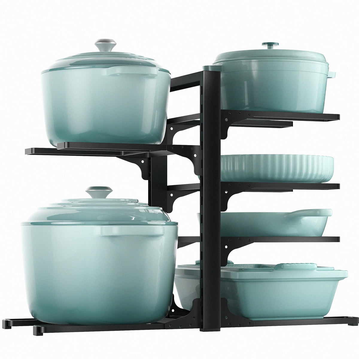 ORDORA 6-tier under-cabinet organizer holds heavy pots and pans securely.