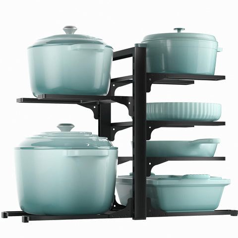 ORDORA 6-tier under-cabinet organizer holds heavy pots and pans securely.
