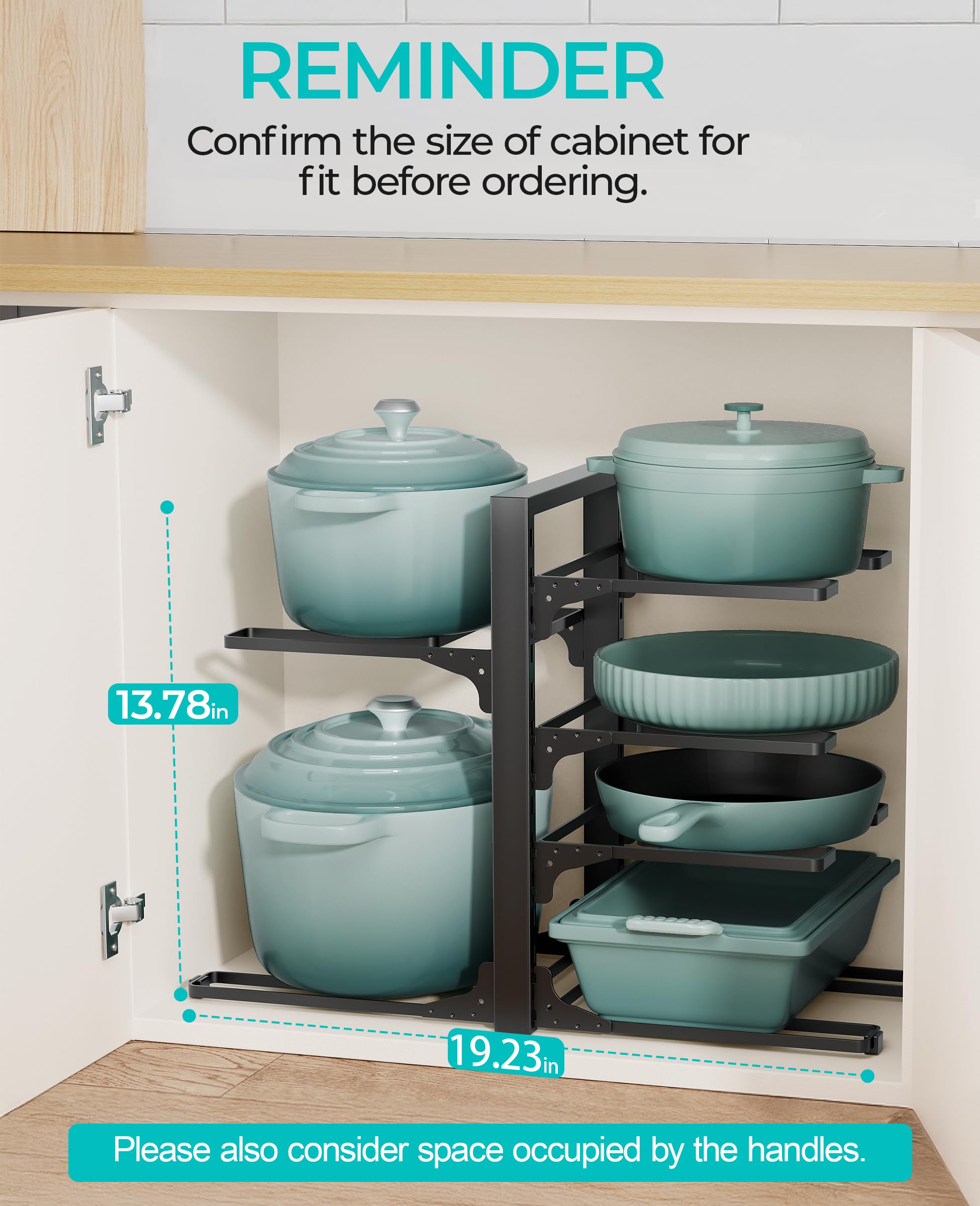 ORDORA heavy-duty pot rack with eagle hooks keeps cast iron pans in place.