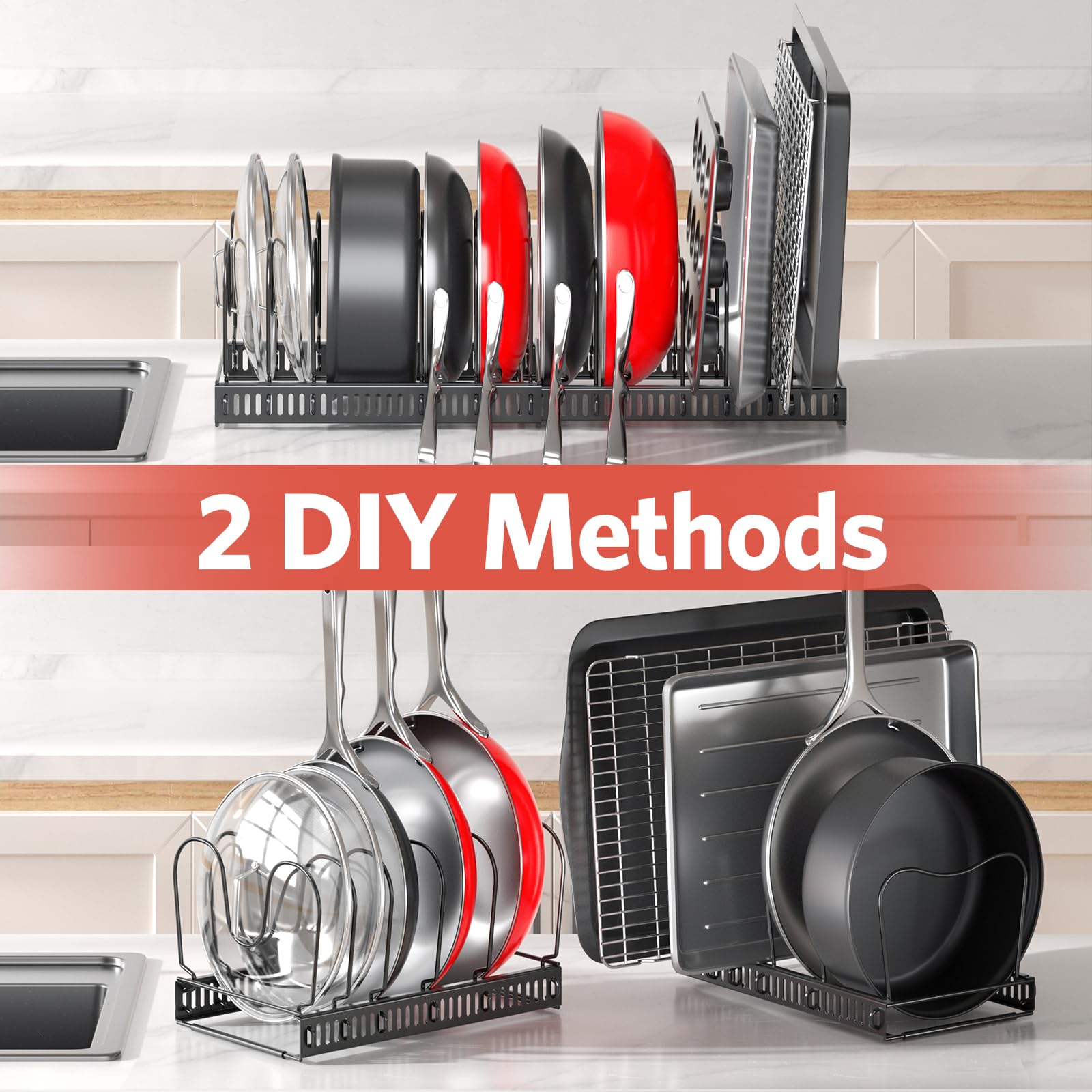 ORDORA pan lid organizer keeps lids neatly stacked inside cabinet