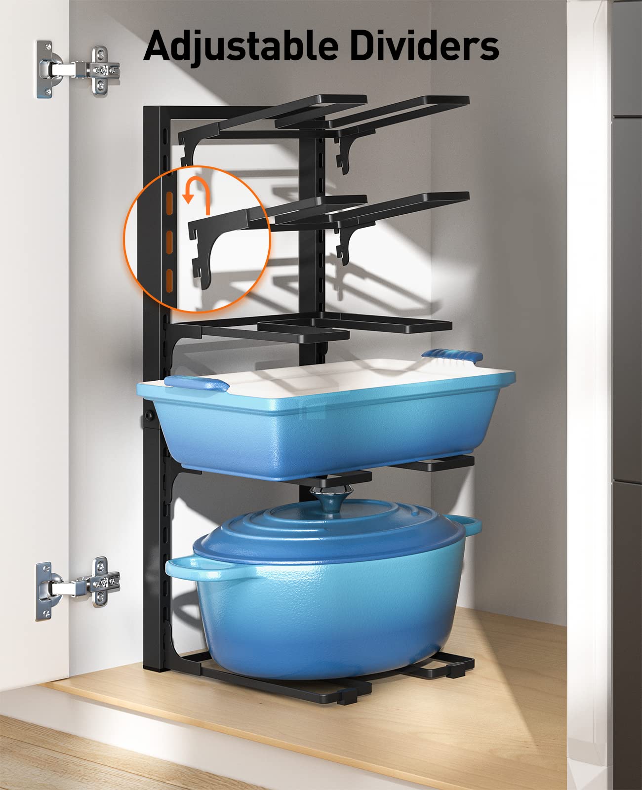Adjustable dividers let you customize space for pans and lids.