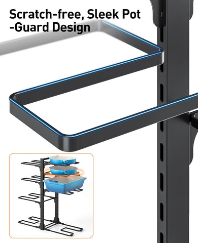 Lid cradle and curved design protect cookware during organization.