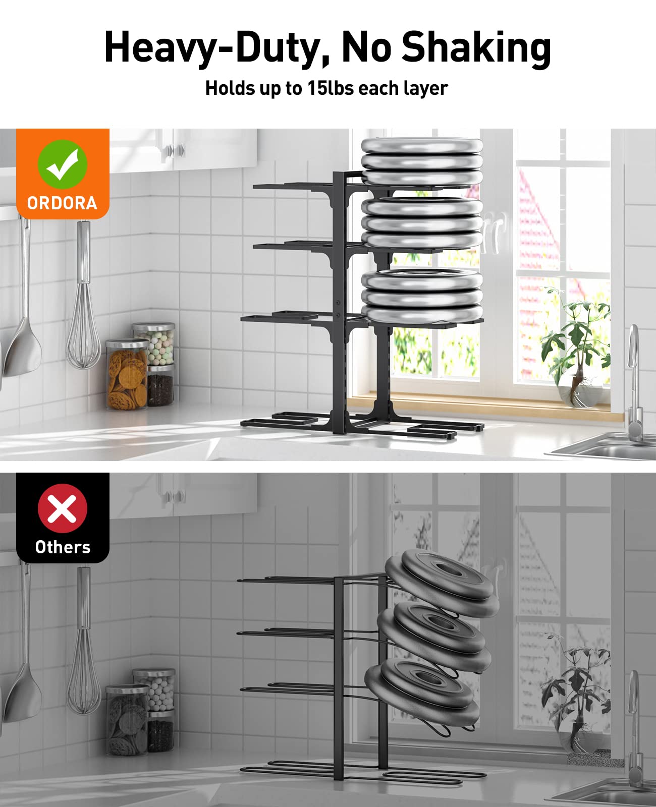 Sturdy base and counterweight keep the rack steady during daily cooking.