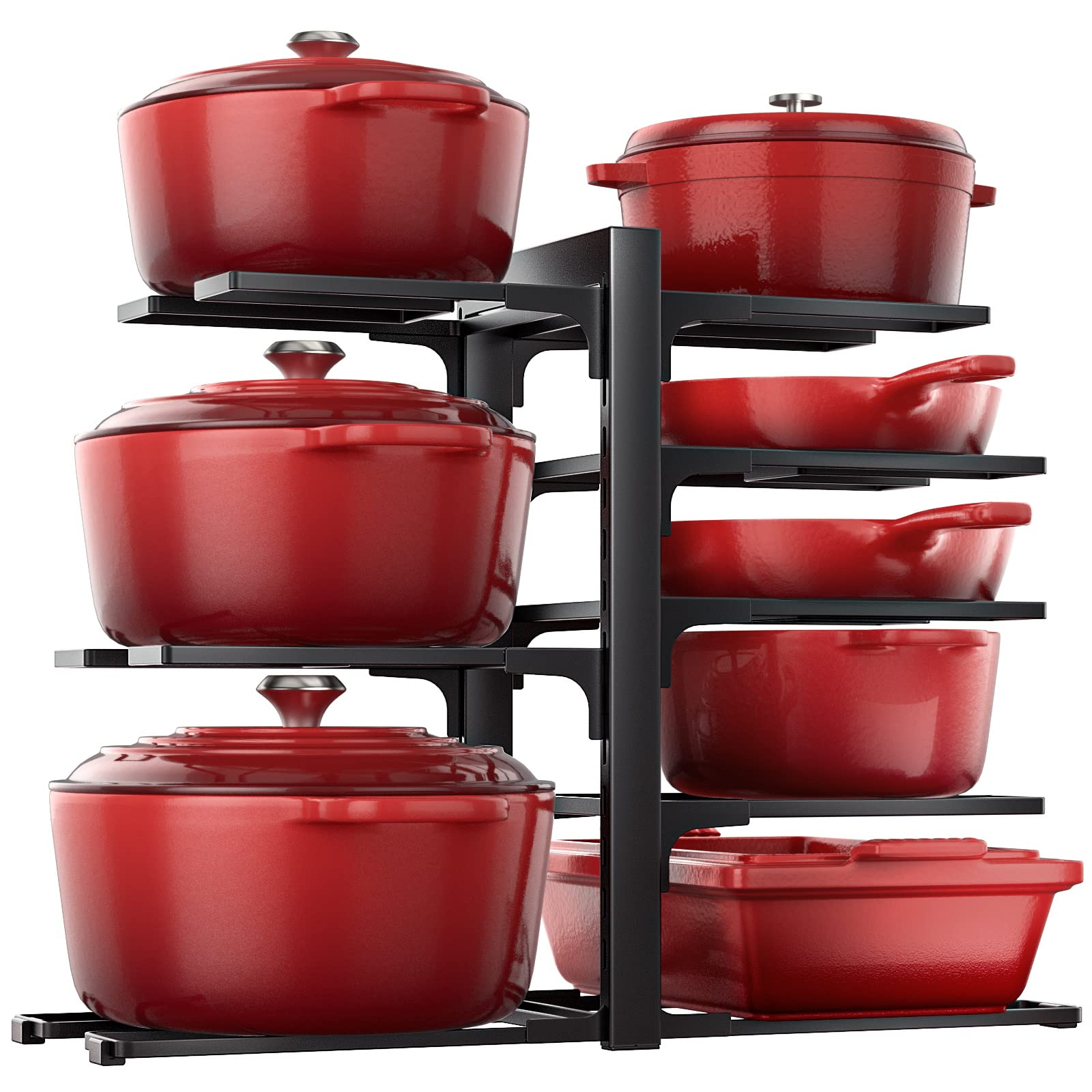 ORDORA pots and pans organizer under-cabinet eight-tier setup for clutter-free cabinets.