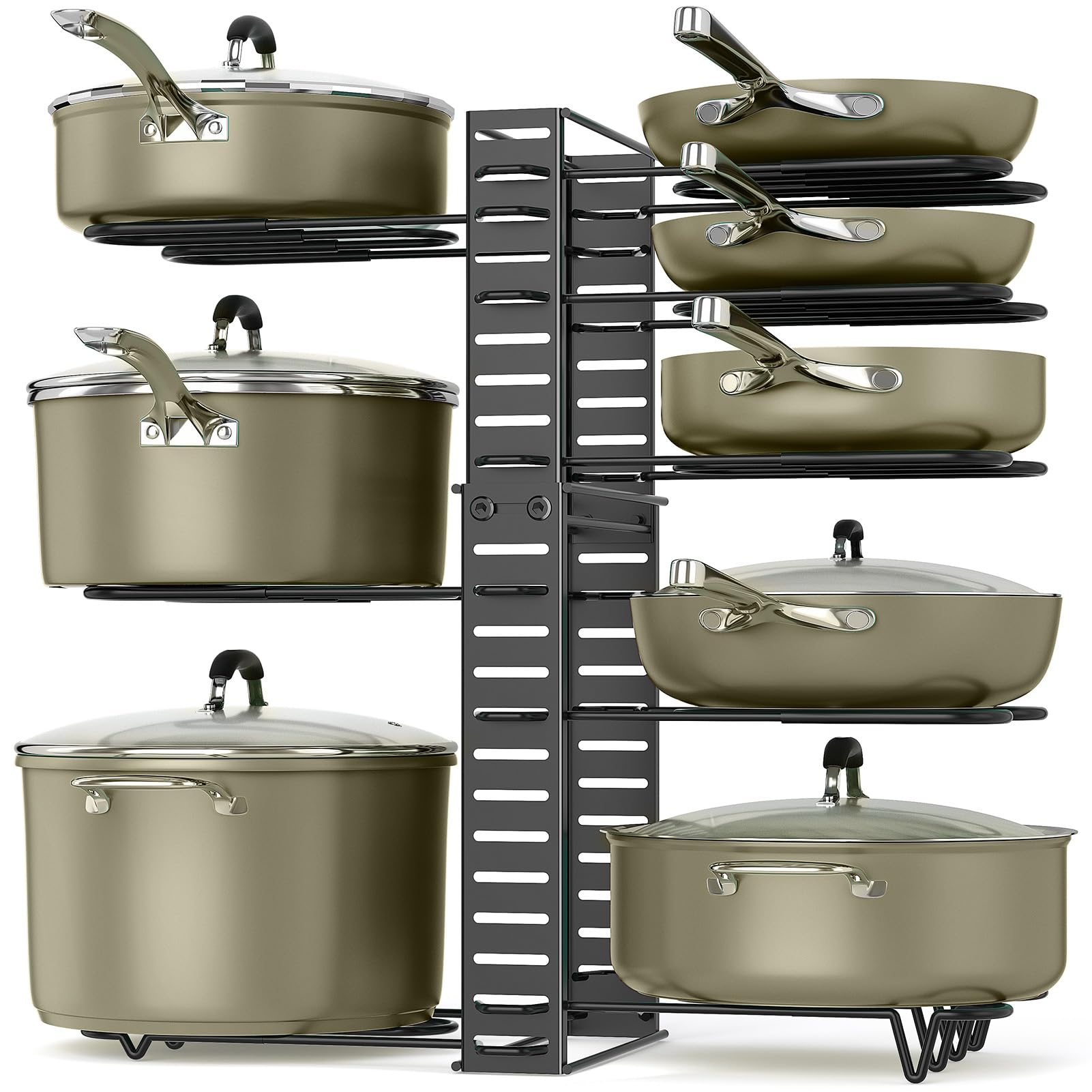 ORDORA under-cabinet organizer keeps cookware within easy reach and reduces clutter.