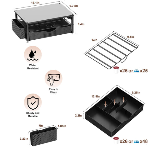 ORDROLL K Cup Holder side baskets organize spoons and tea bags for streamlined coffee stations.