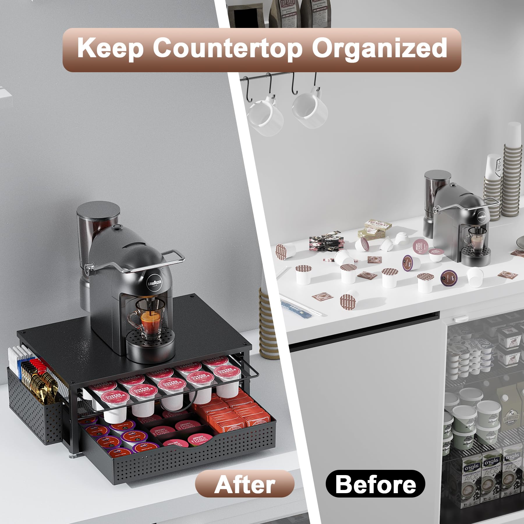 ORDROLL K Cup Holder two-tier design maximizes storage while keeping counter space clear.