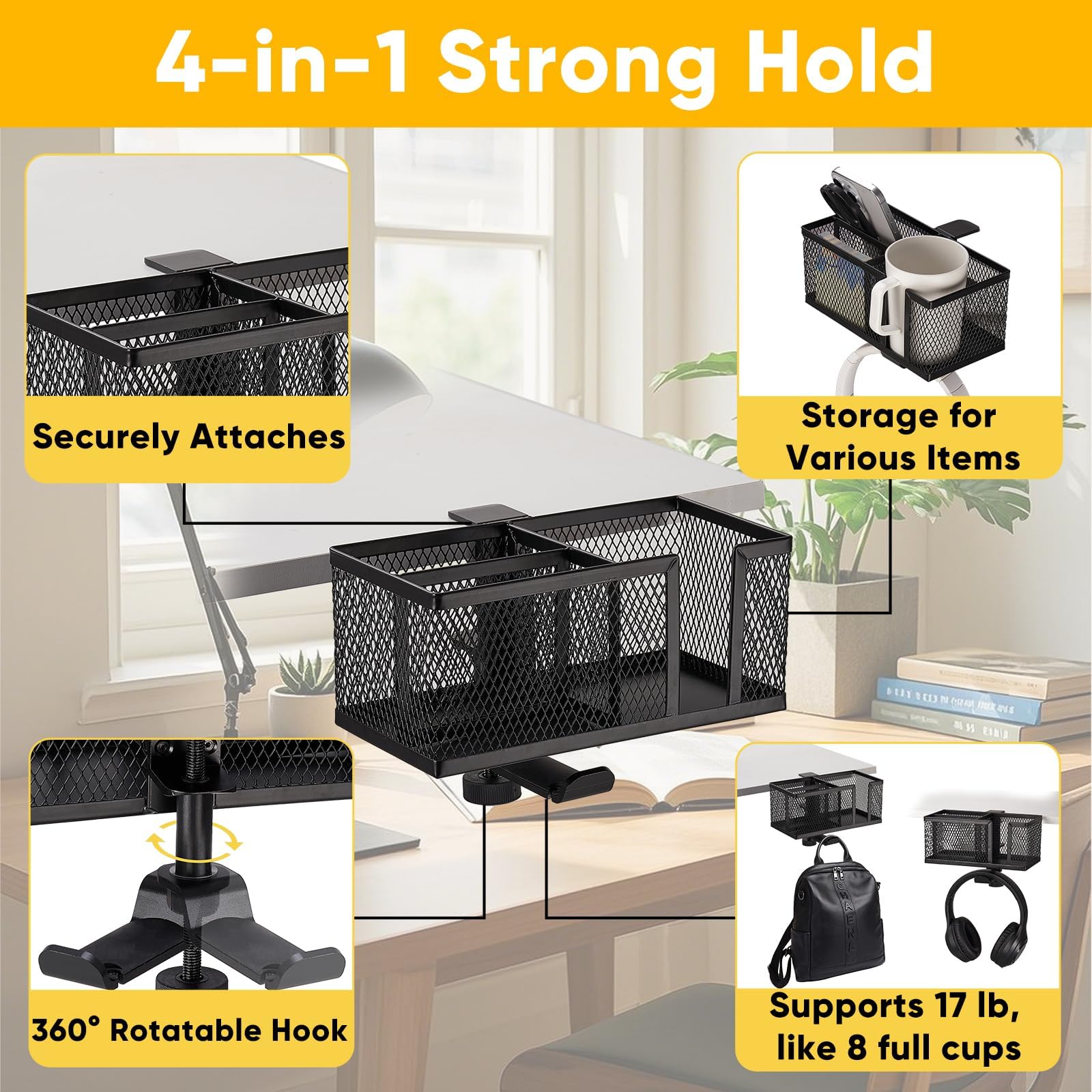 OrgaFocus clip-on cup holder on a desk arm with a secure clamp.